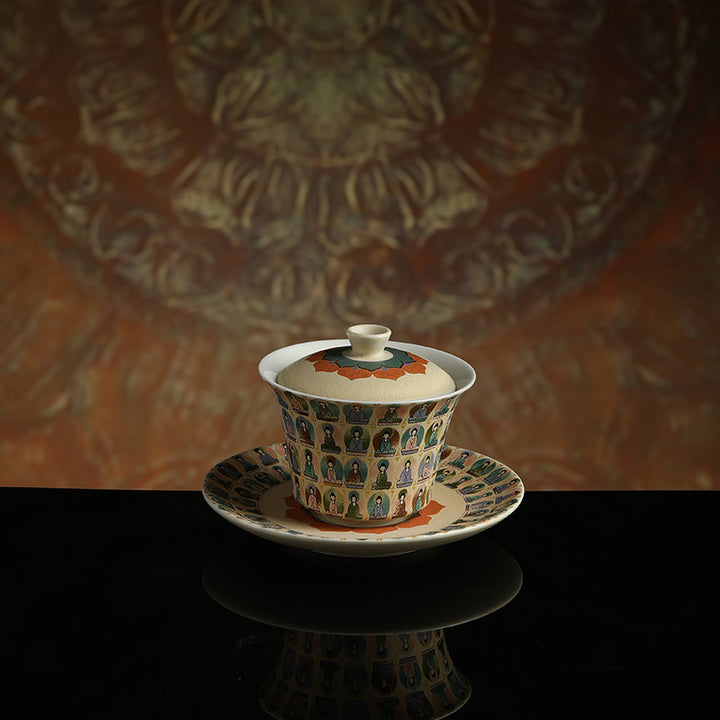 Buddha Stones Dunhuang Color Mille Buddha Apsaras volanti Modello Gaiwan Tazza da tè Kung Fu Tazza da tè con coperchio