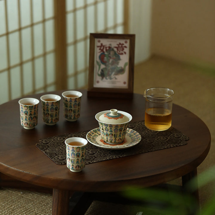Buddha Stones Dunhuang Color Mille Buddha Apsaras volanti Modello Gaiwan Tazza da tè Kung Fu Tazza da tè con coperchio
