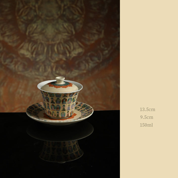 Buddha Stones Dunhuang Color Mille Buddha Apsaras volanti Modello Gaiwan Tazza da tè Kung Fu Tazza da tè con coperchio