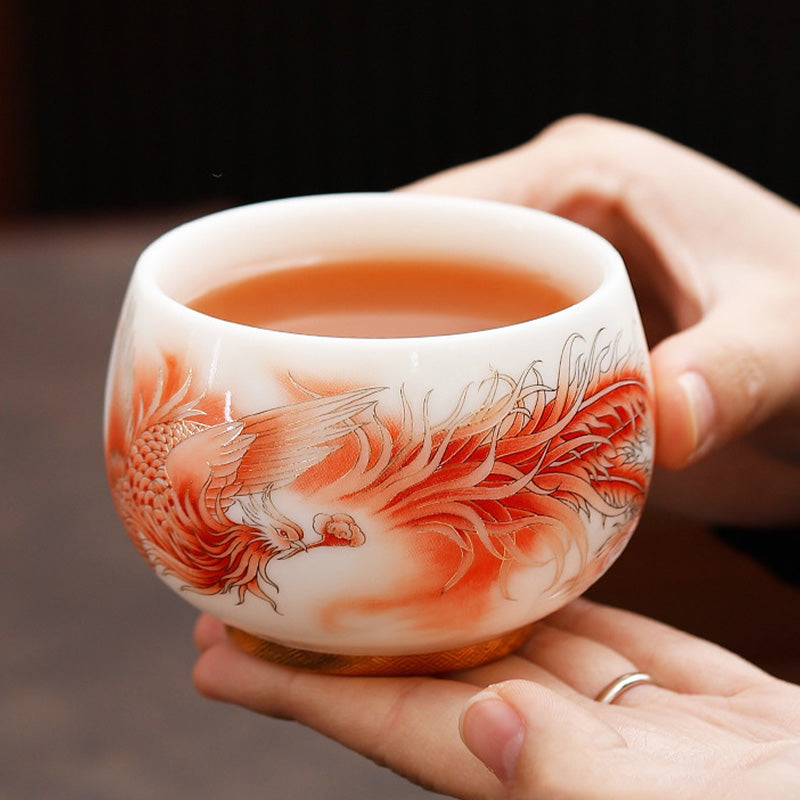 Buddha Stones Phoenix Tazza da tè in porcellana bianca in ceramica Tazza da tè Kung Fu