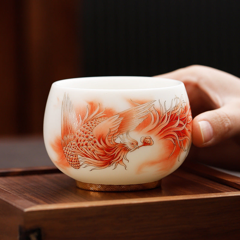 Buddha Stones Phoenix Tazza da tè in porcellana bianca in ceramica Tazza da tè Kung Fu