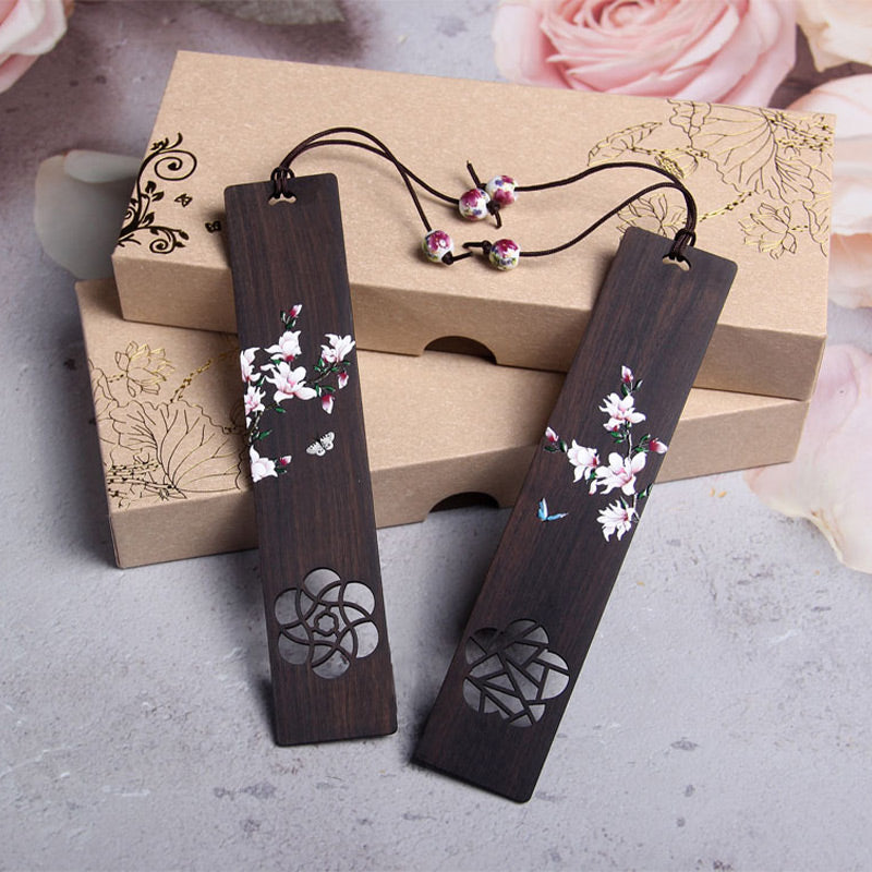 Segnalibri in legno di ebano con fiore di farfalla Buddha Stones con scatola regalo