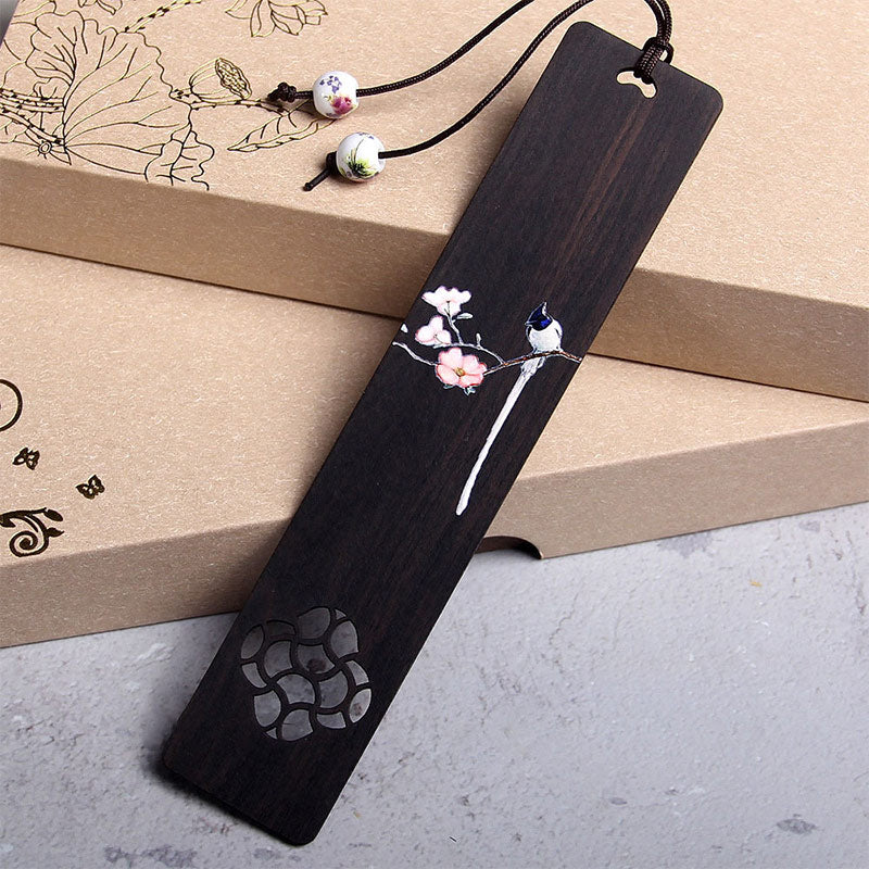 Segnalibri in legno di ebano con fiore di uccello Oriole Buddha Stones con scatola regalo