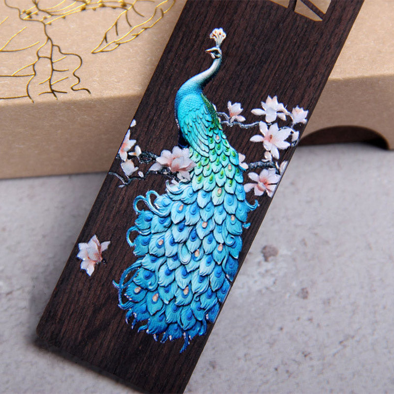 Segnalibri in legno di ebano con pavone blu Buddha Stones con scatola regalo