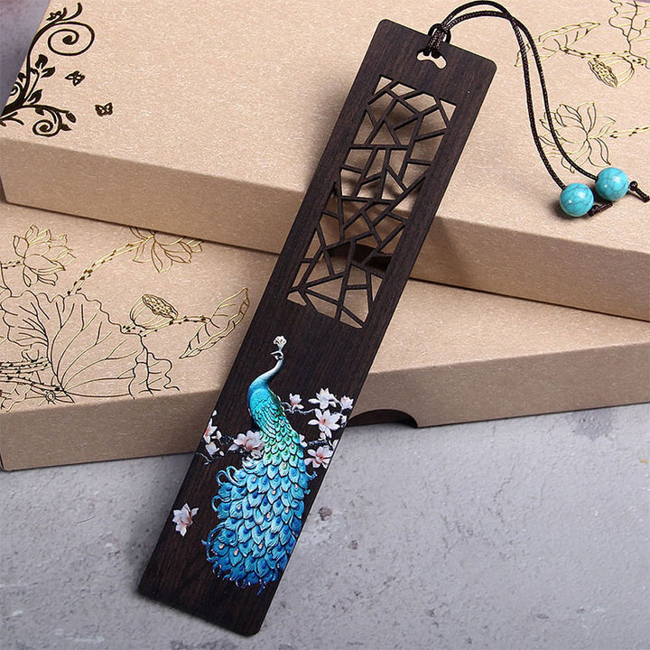 Segnalibri in legno di ebano con pavone blu Buddha Stones con scatola regalo