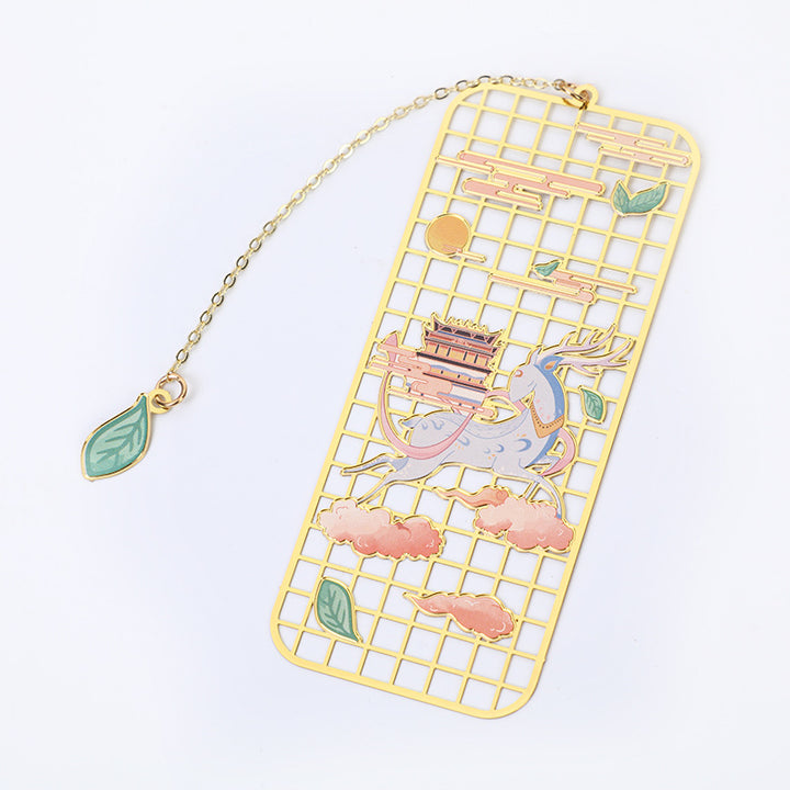 Segnalibro cavo in metallo ottone con Buddha Stones, alce, pesce koi, gru, volpe a nove code - image 3