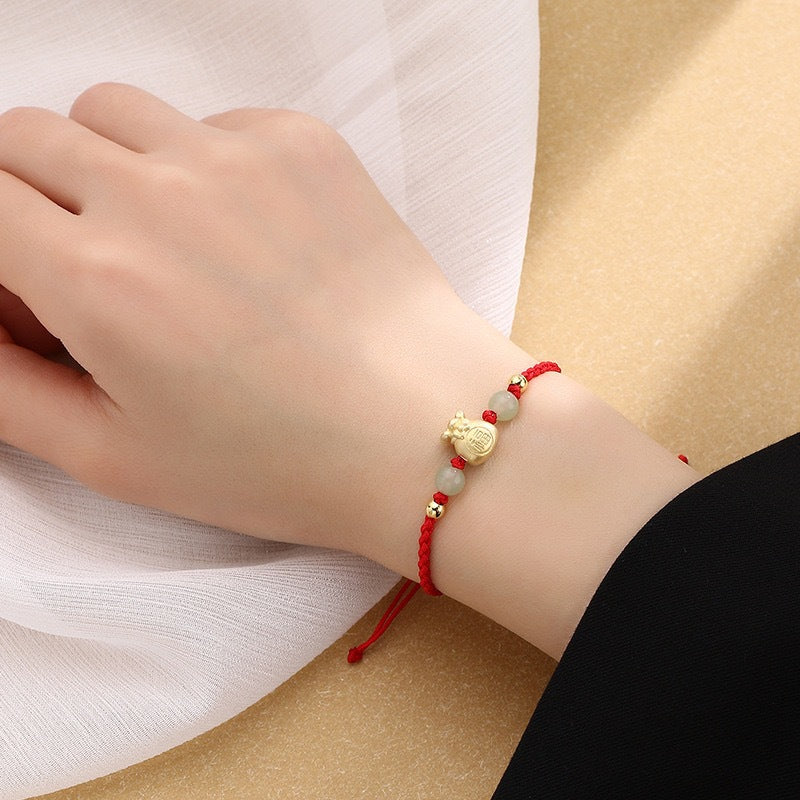 Braccialetto intrecciato con perline di giada, carattere Fu, borsa porta soldi fortunata Buddha Stones