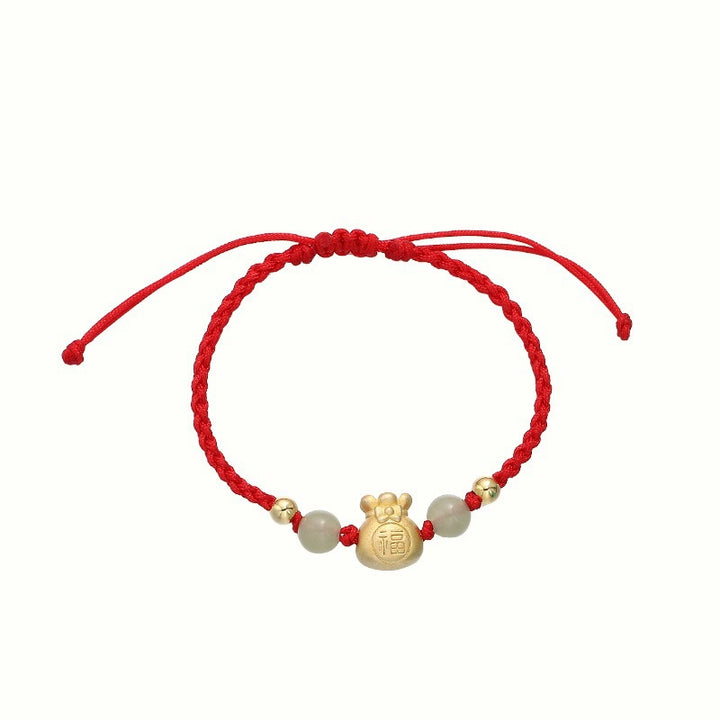 Braccialetto intrecciato con perline di giada, carattere Fu, borsa porta soldi fortunata Buddha Stones