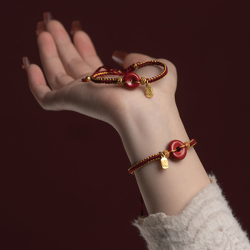 Bracciale intrecciato con ciondolo a forma di carattere Fu, ciondolo in cinabro naturale , Buddha Stones