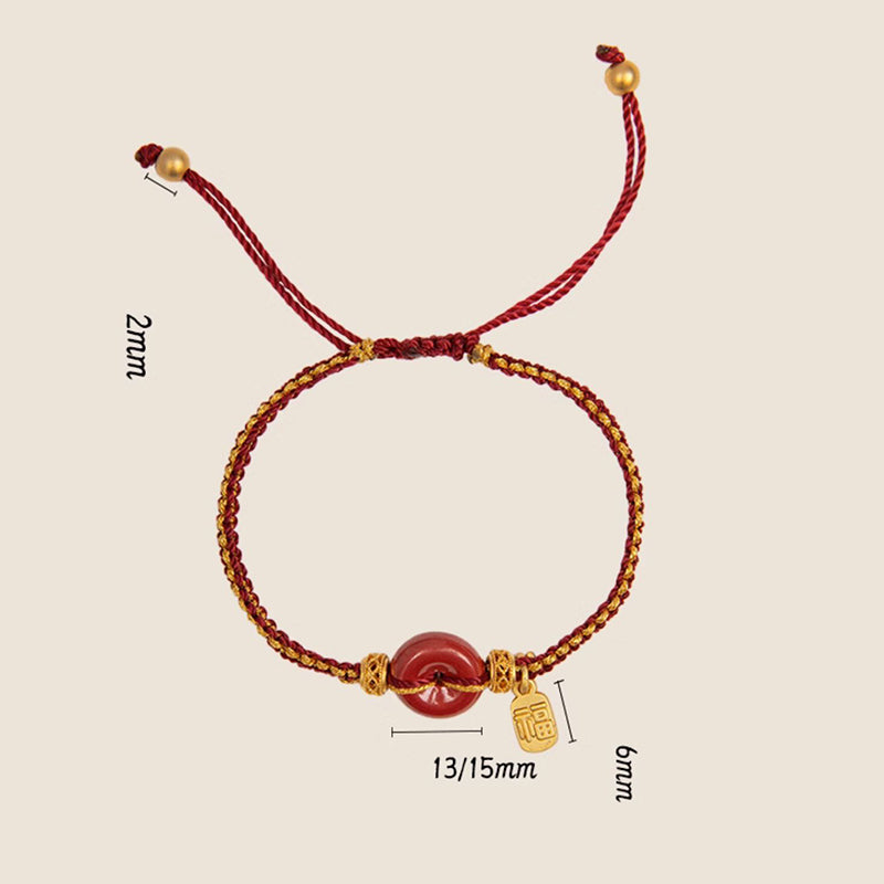 Bracciale intrecciato con ciondolo a forma di carattere Fu, ciondolo in cinabro naturale , Buddha Stones