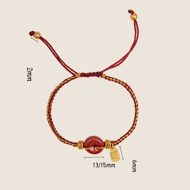 Bracciale intrecciato con ciondolo a forma di carattere Fu, ciondolo in cinabro naturale , Buddha Stones
