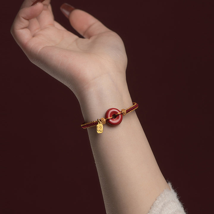 Bracciale intrecciato con ciondolo a forma di carattere Fu, ciondolo in cinabro naturale , Buddha Stones