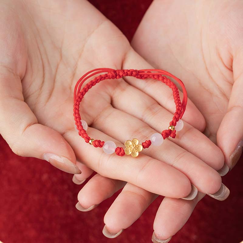 Braccialetto in corda rossa con perline di calcedonio, fatto a mano in argento sterling 925, con fiori di pesco, ciliegio, sakura e Buddha Stones - image 9