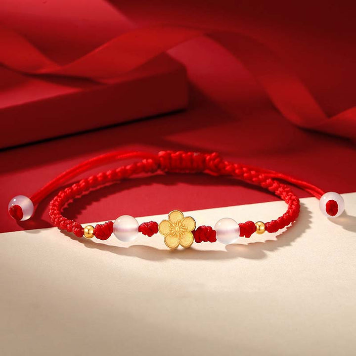 Braccialetto in corda rossa con perline di calcedonio, fatto a mano in argento sterling 925, con fiori di pesco, ciliegio, sakura e Buddha Stones - 14-21 cm - image 0