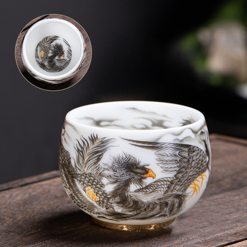 Buddha Stones Phoenix Tazza da tè in porcellana bianca in ceramica Tazza da tè Kung Fu 185 ml con scatola regalo