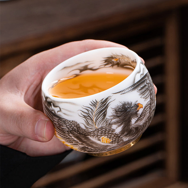 Buddha Stones Phoenix Tazza da tè in porcellana bianca in ceramica Tazza da tè Kung Fu 185 ml con scatola regalo