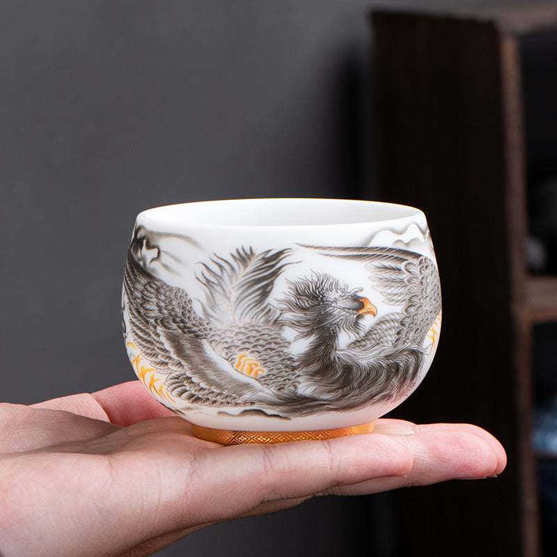 Buddha Stones Phoenix Tazza da tè in porcellana bianca in ceramica Tazza da tè Kung Fu 185 ml con scatola regalo