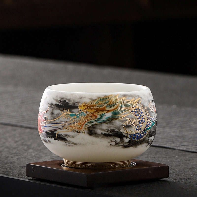 Buddha Stones Drago che gioca con la perla Design Tazza da tè in porcellana bianca Tazza da tè Kung Fu 160ml