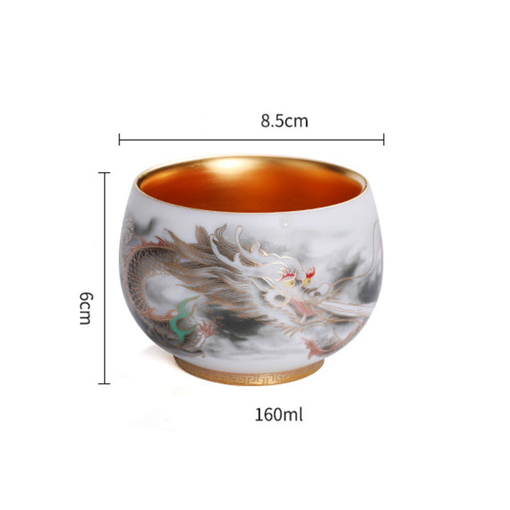 Buddha Stones Drago Zucca Dorata Ceramica Porcellana Bianca Tazza da Tè Kung Fu Tazza da Tè 160ml