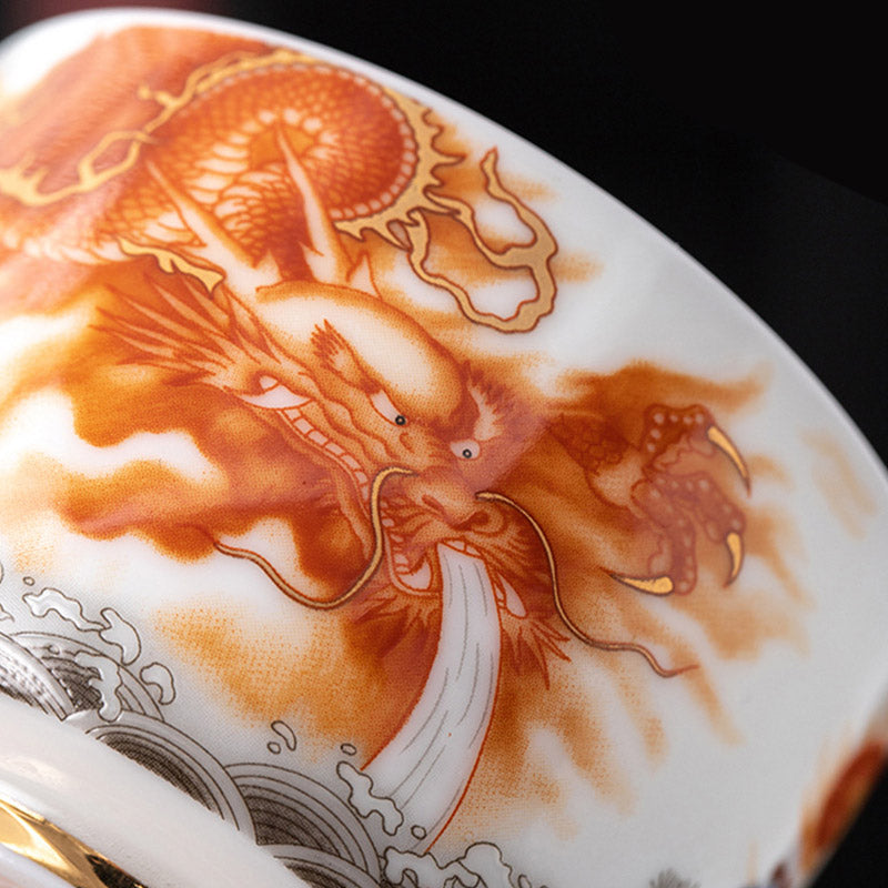 Buddha Stones Drago Fenice Gru Sole Oceano Onde Tazza da tè in ceramica dorata Tazza da tè Kung Fu 170ml