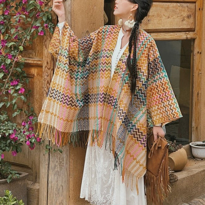 Scialle tibetano Buddha Stones, colorato, ondulato, a strisce, con nappe, invernale, comodo, da viaggio - Giallo Verde - image 0