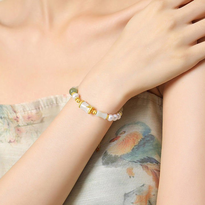 Bracciale Buddha Stones 925 Sterling Silver Hetian Naturale Giada Bianca Bambù Benedizione Fortuna Bracciale - image 7
