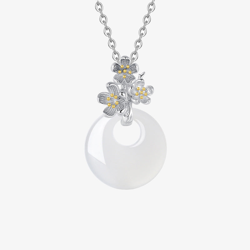 Collana con Buddha Stones in argento sterling 925, ciondolo rotondo in calcedonio con fiori di dodici mesi, armonia - Fiore di prugna - image 1