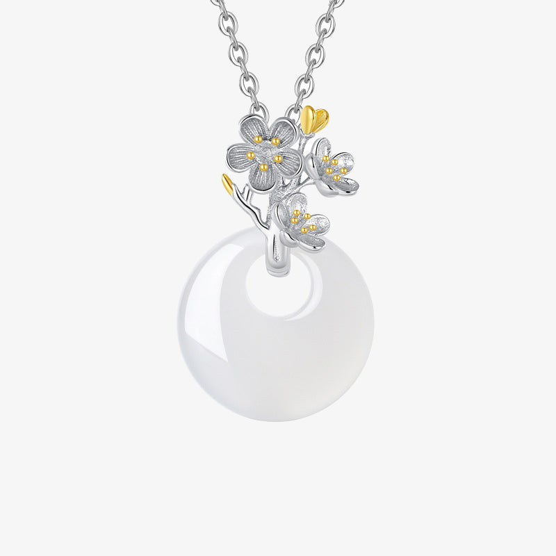 Collana con Buddha Stones in argento sterling 925, ciondolo rotondo in calcedonio con fiori di dodici mesi, armonia - Fiore di albicocca - image 3