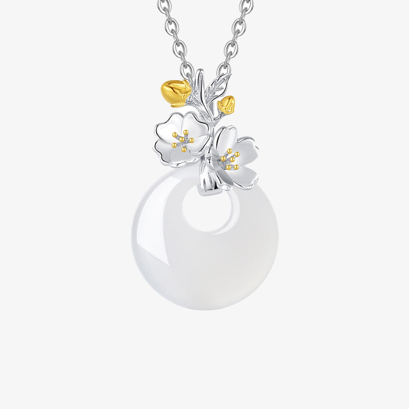 Collana con Buddha Stones in argento sterling 925, ciondolo rotondo in calcedonio con fiori di dodici mesi, armonia - Fiore di pesco - image 5