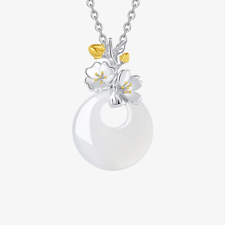 Collana con Buddha Stones in argento sterling 925, ciondolo rotondo in calcedonio con fiori di dodici mesi, armonia - Fiore di pesco - image 5
