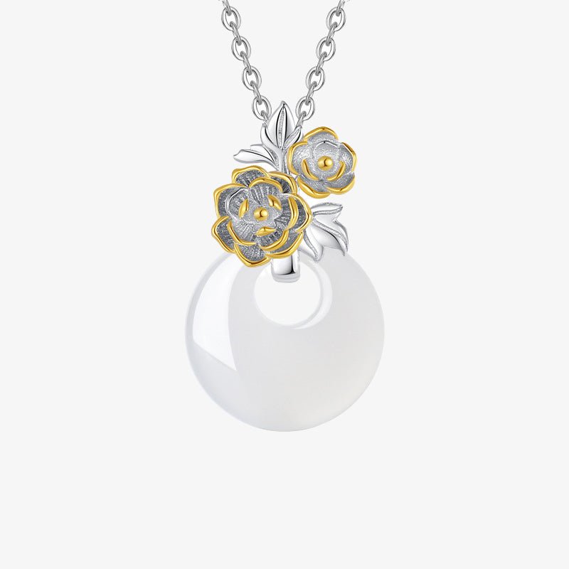Collana con Buddha Stones in argento sterling 925, ciondolo rotondo in calcedonio con fiori di dodici mesi, armonia - Peonia - image 7