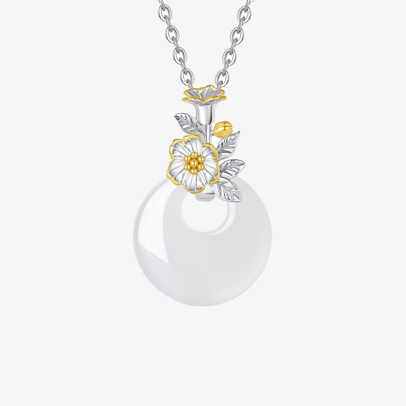 Collana con Buddha Stones in argento sterling 925, ciondolo rotondo in calcedonio con fiori di dodici mesi, armonia - Fiore di melograno - image 9