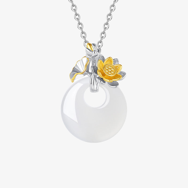 Collana con Buddha Stones in argento sterling 925, ciondolo rotondo in calcedonio con fiori di dodici mesi, armonia - Loto - image 13