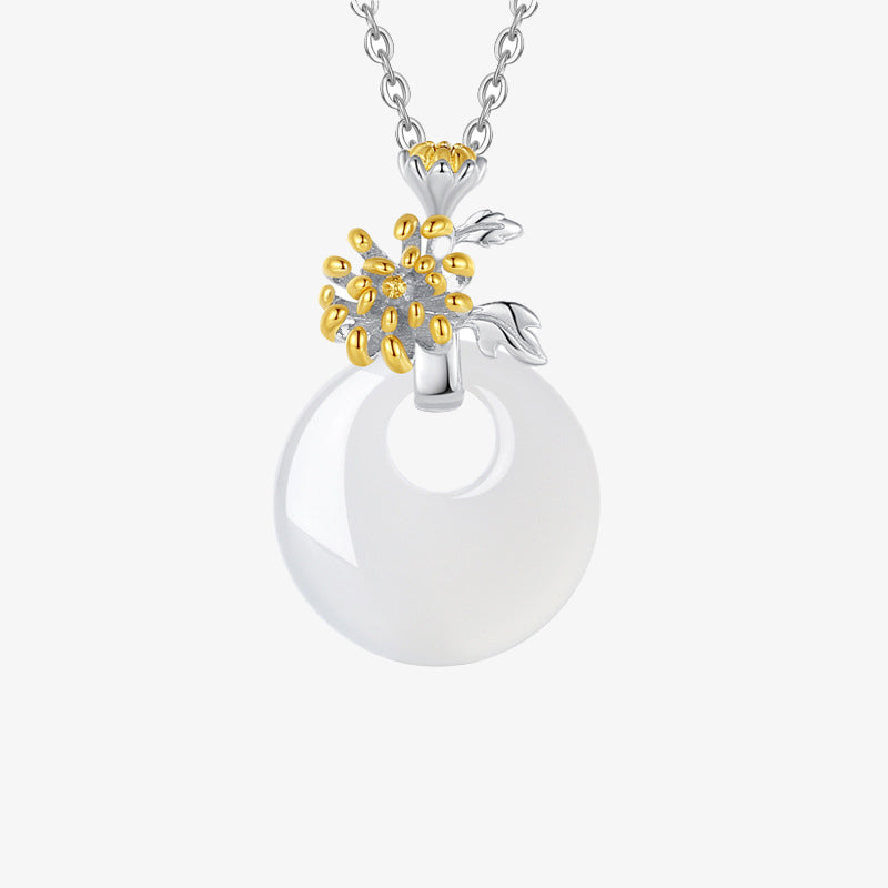 Collana con Buddha Stones in argento sterling 925, ciondolo rotondo in calcedonio con fiori di dodici mesi, armonia - Crisantemo - image 21