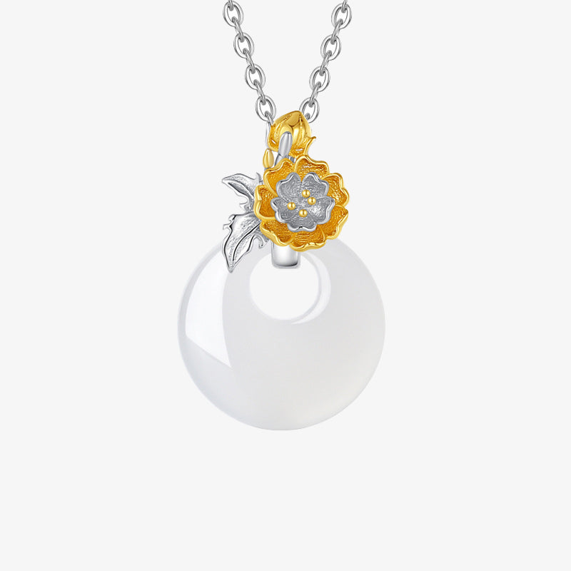 Collana con Buddha Stones in argento sterling 925, ciondolo rotondo in calcedonio con fiori di dodici mesi, armonia - Ibisco - image 23