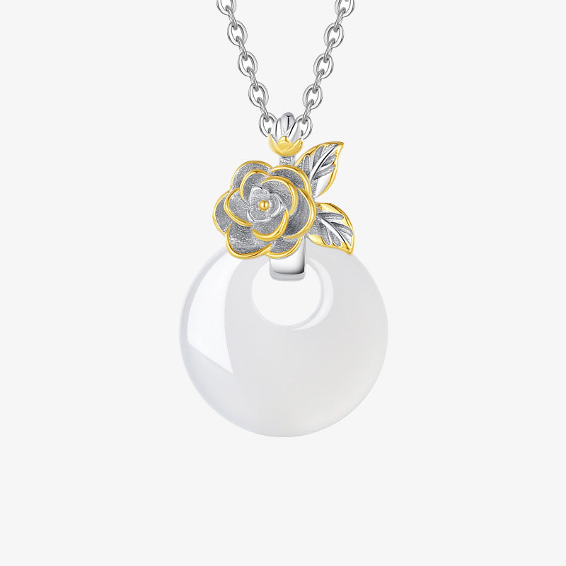 Collana con Buddha Stones in argento sterling 925, ciondolo rotondo in calcedonio con fiori di dodici mesi, armonia - Camelia - image 25