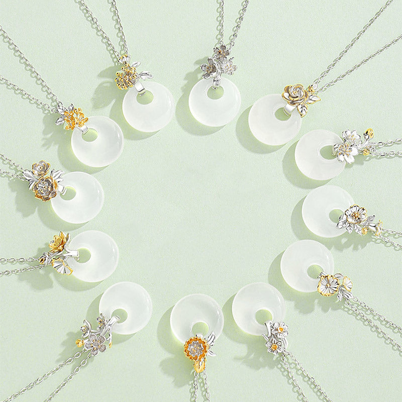 Collana con Buddha Stones in argento sterling 925, ciondolo rotondo in calcedonio con fiori di dodici mesi, armonia - image 0