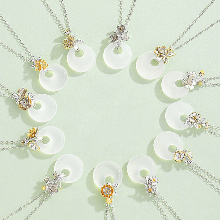 Collana con Buddha Stones in argento sterling 925, ciondolo rotondo in calcedonio con fiori di dodici mesi, armonia - image 0