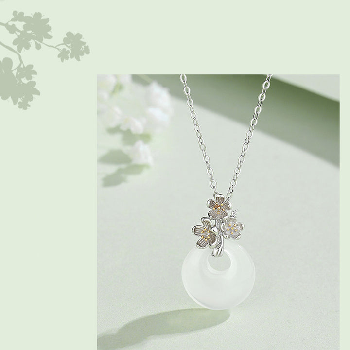 Collana con Buddha Stones in argento sterling 925, ciondolo rotondo in calcedonio con fiori di dodici mesi, armonia - image 2