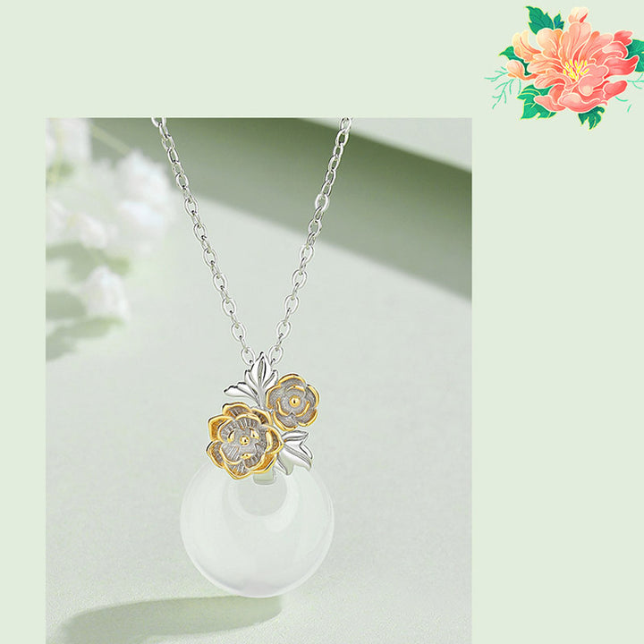 Collana con Buddha Stones in argento sterling 925, ciondolo rotondo in calcedonio con fiori di dodici mesi, armonia - image 8