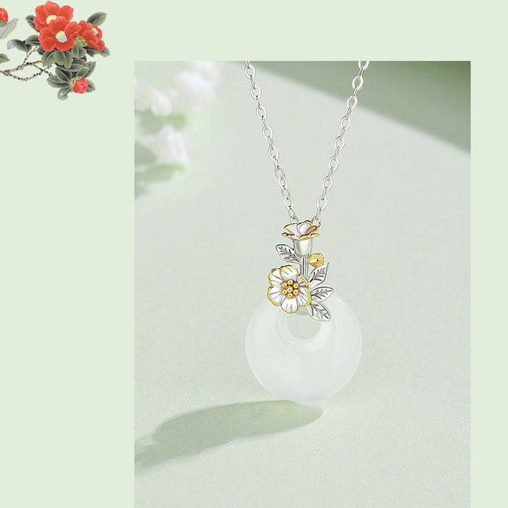 Collana con Buddha Stones in argento sterling 925, ciondolo rotondo in calcedonio con fiori di dodici mesi, armonia - image 10