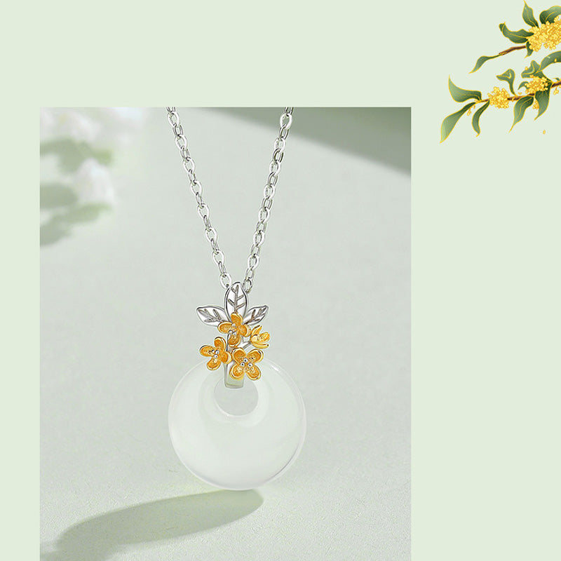 Collana con Buddha Stones in argento sterling 925, ciondolo rotondo in calcedonio con fiori di dodici mesi, armonia - image 19