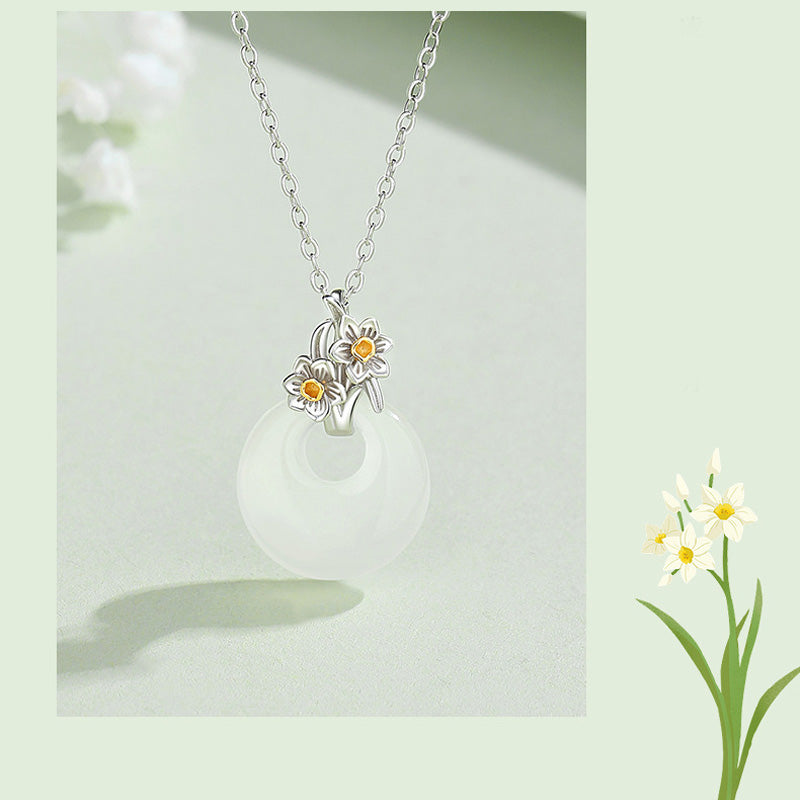 Collana con Buddha Stones in argento sterling 925, ciondolo rotondo in calcedonio con fiori di dodici mesi, armonia - image 28