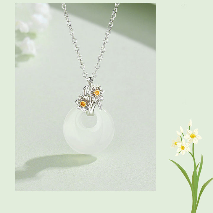 Collana con Buddha Stones in argento sterling 925, ciondolo rotondo in calcedonio con fiori di dodici mesi, armonia - image 28
