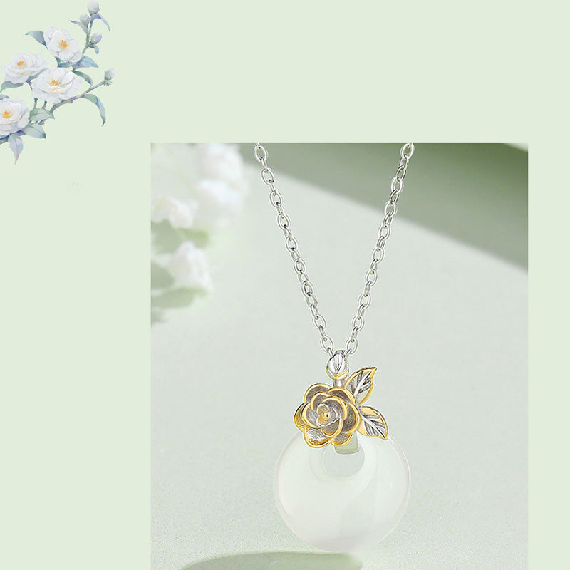 Collana con Buddha Stones in argento sterling 925, ciondolo rotondo in calcedonio con fiori di dodici mesi, armonia - image 26