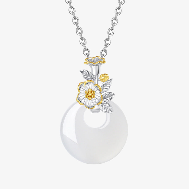 Collana con Buddha Stones in argento sterling 925, ciondolo rotondo in calcedonio con fiori di dodici mesi, armonia - image 12