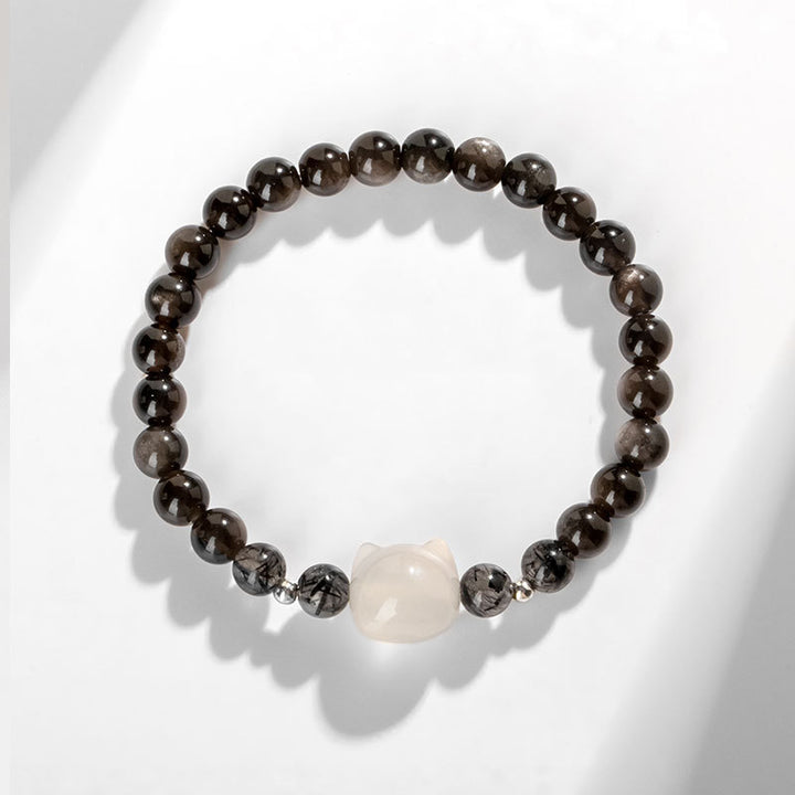 Braccialetto di protezione per la testa di gatto carino con ossidiana lucida in argento naturale Buddha Stones - image 8