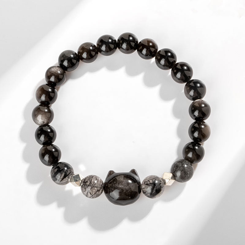 Braccialetto di protezione per la testa di gatto carino con ossidiana lucida in argento naturale Buddha Stones - image 3