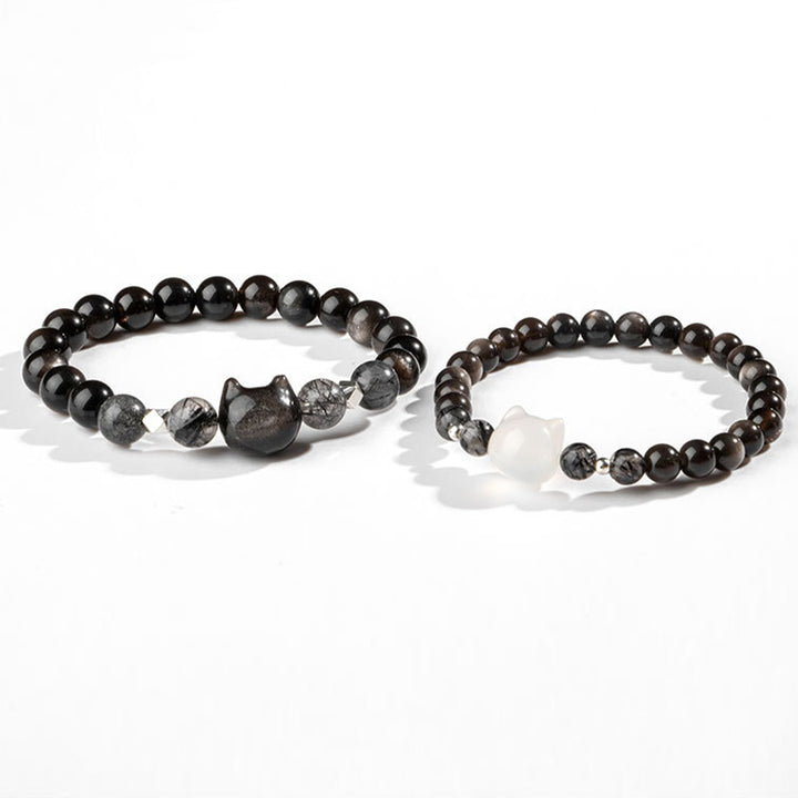 Braccialetto di protezione per la testa di gatto carino con ossidiana lucida in argento naturale Buddha Stones - image 9