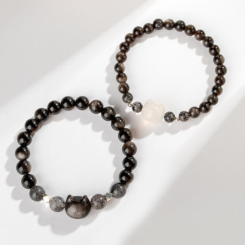 Braccialetto di protezione per la testa di gatto carino con ossidiana lucida in argento naturale Buddha Stones - image 2